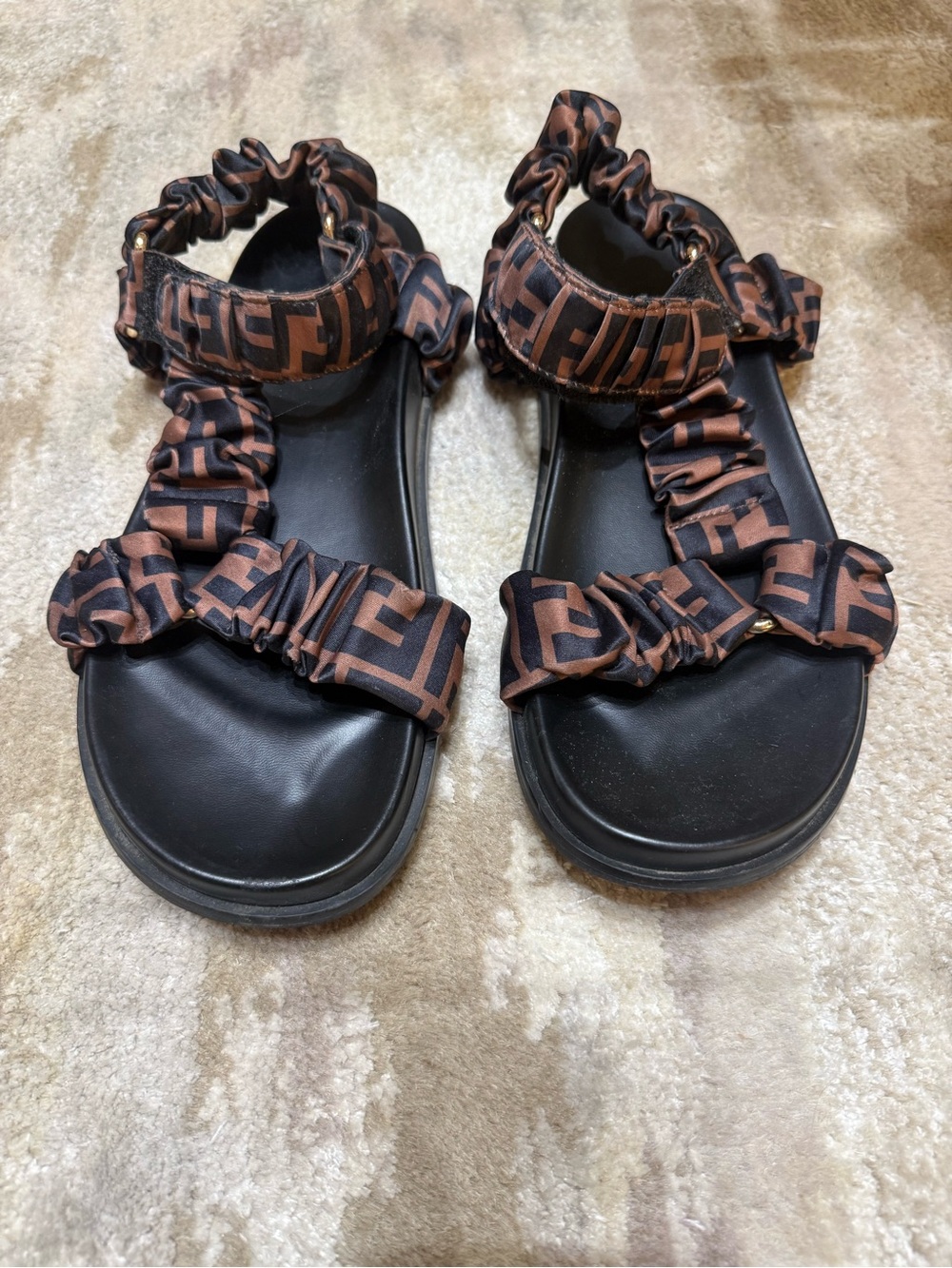 Fendi FF Logo Ruched Satin Sandals Brown Black Size 42
